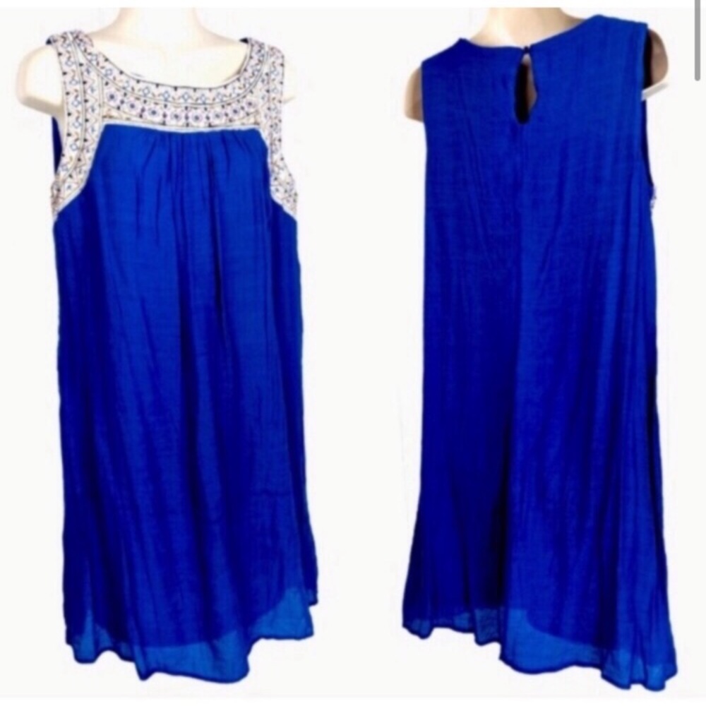 Luxology embroidered royal blue swingy sleeveless trapeze dress Sz S